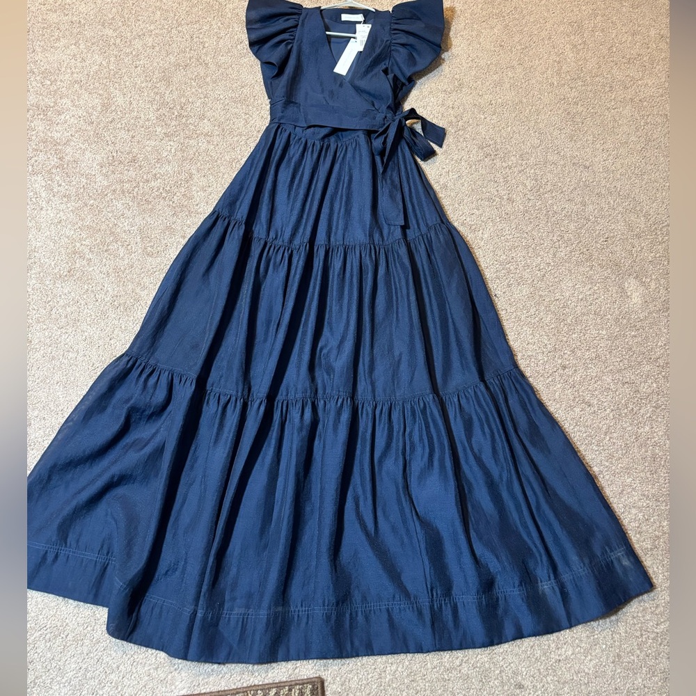 Johnathan Simkhai Navy Tiered Maxi Dress with Puff Sleeves